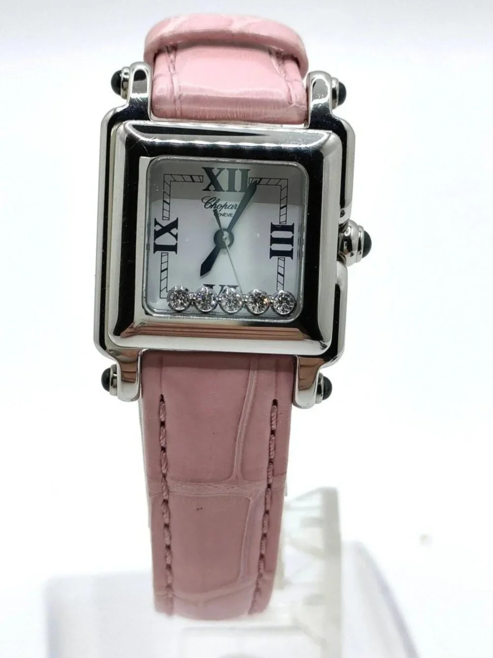 Chopard Happy Sport Square 5 Floating Diamond Pink Leather Quartz Watch